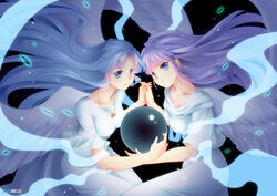  2girls ancient_ys_vanished black_background blue_eyes blue_hair commentary_request dress feena_(ys) jewelry long_hair multiple_girls necklace purple_hair reah_(ys) watermark wings yagisaka_seto ys 