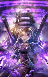  aoki_hagane_no_arpeggio battleship blonde_hair blunt_bangs chains choker closed_mouth commentary_request dress elbow_gloves expressionless female gloves kongou_(aoki_hagane_no_arpeggio) kongou_(battleship) military military_vehicle name_connection puffy_sleeves purple_dress purple_eyes purple_theme ship solo straight-on turret twintails vehicle_and_personification warship watercraft white_gloves zounose 