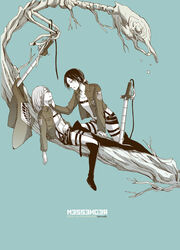  2girls blue_background blue_theme boots closed_eyes commentary_request emblem english_text freckles full_body krista_lenz lying monochrome multiple_girls nfa_(tomo) paradis_military_uniform shingeki_no_kyojin short_hair simple_background skeleton survey_corps_(emblem) sword three-dimensional_maneuver_gear weapon ymir_(shingeki_no_kyojin) 