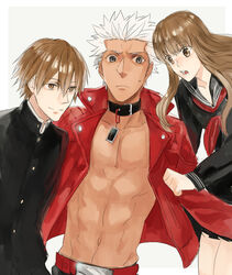  2boys bad_id bad_pixiv_id brown_eyes brown_hair collar fate/extra fate/extra_ccc fate_(series) female grey_eyes jacket kishinami_hakuno_(female) kishinami_hakuno_(male) long_hair multiple_boys open_clothes open_jacket red_jacket school_uniform sukumaraku tsukumihara_academy_uniform_(fate/extra_ccc) 