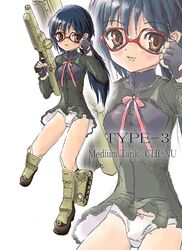  black_hair bow bow_panties brown_eyes character_name dress female fingerless_gloves glasses gloves gun long_hair mecha_musume military military_vehicle motor_vehicle open_mouth original panties pantyshot personification ponytail red-framed_eyewear ribbon simple_background smile solo_focus soukaa_(golden_sash) standing tank trigger_discipline type_3_chi-nu underwear weapon white_background world_war_ii zoom_layer 