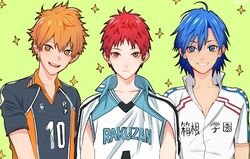  3boys akashi_seijuurou bad_id bad_pixiv_id blue_eyes blue_hair brown_eyes brown_hair crossover cycling_uniform haikyuu!! hinata_shouyou kuroko_no_basuke male_focus manami_sangaku multiple_boys multiple_crossover orange_eyes orange_hair rod_(rod4817) short_hair sparkle uniform yowamushi_pedal 