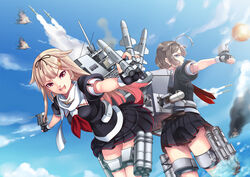  2girls ahoge alternate_weapon blonde_hair blue_eyes brown_hair commentary_request gloves hair_flaps hair_ornament hairclip hiememiko japan_maritime_self-defense_force japan_self-defense_force js_yuudachi_(2nd)_(kancolle) kantai_collection long_hair messy_hair military missile multicolored_hair multiple_girls original phalanx_ciws photoshop_(medium) pink_hair red_eyes school_uniform serafuku shigure_(kancolle) shigure_kai_ni_(kancolle) short_hair two-tone_hair weapon yuudachi_(kancolle) yuudachi_kai_ni_(kancolle) 