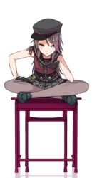  badge bang_dream! black_footwear black_gloves black_neckerchief buttons chair commentary_request crossed_legs desk double-breasted earrings female frown gloves green_eyes grey_pantyhose hand_on_own_leg hat jewelry leaning_forward long_hair looking_at_viewer lost_one_no_goukoku_(vocaloid) miniskirt neckerchief on_desk pantyhose red_hair school_chair school_desk school_uniform serafuku shipii_(jigglypuff) shoes simple_background sitting skirt sleeveless solo udagawa_tomoe white_background 