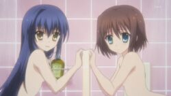  2girls afraid animated animated blue_eyes blue_hair blush brown_hair da_capo da_capo_iii flat_chest katsuragi_himeno long_hair multiple_girls nude rukawa_sara short_hair shower small_breasts wet wet_hair yellow_eyes 