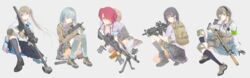  4girls aimpoint all_fours ammunition ammunition_belt ammunition_pouch anti-materiel_rifle arm_support armband assault_rifle backpack bag barrett_m82 barrett_m82a2 battle_rifle bipod black_hair blue_armband blue_bow blue_bowtie blue_eyes blue_hair blue_socks bow bowtie breasts brown_bag bulletproof_vest bullpup camouflage chest_rig cleavage closed_mouth collared_shirt commentary_request desert_camouflage diagonal-striped_bow diagonal-striped_bowtie diagonal-striped_clothes digital_camouflage elcan_scope fn_mag fn_scar fn_scar_17 foregrip full_body fuyou_mariko fuyuno_haruaki glasses gloves green_armband grey_gloves grey_hair grey_jacket grey_skirt gun gun_sling h&amp;k_mp7 heckler_&amp;_koch highres jacket knee_pads kneehighs laser_sight light_blue_hair lineup little_armory load_bearing_vest long_sleeves looking_at_viewer m4_carbine machine_gun magazine_(weapon) medium_breasts multiple_girls muzzle_device neck_ribbon optical_sight orange-framed_eyewear pleated_skirt pouch purple_ribbon rectangular_eyewear red_eyes red_hair renboshi_fumina ribbon rifle rifle_cartridge safety_glasses scope shiina_rikka shirane_rin shirt shoelaces sitting skirt smile sniper_rifle socks striped_clothes submachine_gun suppressor teruyasu_maria thighhighs twintails undone_neck_ribbon vertical_foregrip weapon white_background white_shirt 