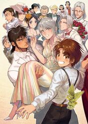  3girls 6+boys akutsumi ashihana_eiryou ashihana_heima bad_id bad_pixiv_id bird black_eyes black_hair bouquet bow bowtie brown_eyes brown_hair carrying cigarette dress flower formal green_bow green_neckwear grey_eyes grey_hair grin guy_christopher hat high_heels karakuri_circus katou_narumi long_hair lucille_verneuil mitsu&#039;ushi_hiromi mitsu&#039;ushi_naota multiple_boys multiple_girls nakamachi_hiroo nakamachi_noriyuki nakamachi_shinobu necktie princess_carry red_bow red_bowtie red_eyes saiga_masaru shirogane_(karakuri_circus) short_hair smile suit taranda_liselotte_tachibana vilma_thorn white_bow white_necktie white_suit yellow_bow yellow_bowtie 