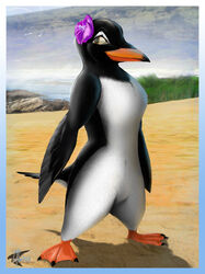  2009 absurd_res accessory anthro avian beach beak biped bird border brown_eyes corrvo detailed_background digital_media_(artwork) feathers female feral flower flower_in_hair gentoo_penguin hair hair_accessory hi_res nature outside penguin plant sand seaside semi-anthro sky solo standing surf&#039;s_up white_border 