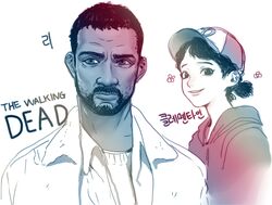  1boy animification bad_id bad_pixiv_id baseball_cap clementine_(the_walking_dead) copyright_name dark-skinned_male dark_skin english_text facial_hair female goatee gradient grin hat korean_text lee_everett lolicon looking_at_viewer mature_male mixed-language_text rod_(rod4817) short_twintails sideways_glance smile the_walking_dead the_walking_dead_(game) twintails very_dark_skin visor_cap 