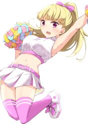  blonde_hair blush bouncing_breasts breasts cheerleader cocoro_magical commentary_request female jumping kichihachi large_breasts long_hair looking_at_viewer midriff navel open_mouth pom_pom_(cheerleading) ponytail solo thighhighs tokyo_7th_sisters uesugi_u._kyouko 