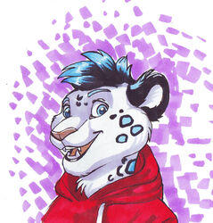  2017 anthro biped blue_eyes blue_highlights blue_markings bust_portrait clothed clothing fangs felid fully_clothed fur hair happy hi_res highlights_(coloring) hoodie looking_at_viewer male mammal marker_(artwork) markings o-ruff open_mouth pantherine portrait red_clothing red_topwear round_ears smile snow_leopard solo teeth topwear traditional_media_(artwork) victory_(texdot) 