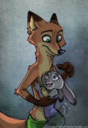  2017 anthro bottomwear boxers_(clothing) brown_body brown_fur buckteeth caliosidhe canid canine clothed clothing dipstick_ears disney duo ear_markings female fox fur gloves_(marking) green_eyes grey_body grey_fur half-length_portrait hand_on_chest hug judy_hopps lagomorph leporid looking_down looking_up male mammal markings multicolored_ears nick_wilde open_mouth open_smile pink_nose portrait purple_eyes purple_nose rabbit red_fox shirt shorts size_difference smile tail tail_motion tailwag teeth text topless topwear true_fox underwear url white_body white_fur zootopia 