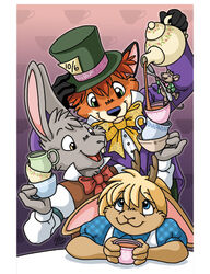  2018 alice_(alice_in_wonderland) alice_in_wonderland anthro antlers beverage black_body black_fur blonde_hair blue_eyes bow_(feature) bow_tie brown_body brown_eyes brown_fur canid canine clothed clothing container cup cutlery dormouse_(alice_in_wonderland) female fox fur green_eyes grey_body grey_fur grey_hair group hair hare hat headgear headwear holding_container holding_cup holding_object holding_spoon horn jackalope kitchen_utensils lagomorph leporid low_res mad_hatter male mammal march_hare michele_light mouse murid murine open_mouth red_body red_fur red_hair rodent signature spoon tea tea_cup teapot tools top_hat white_body white_fur 