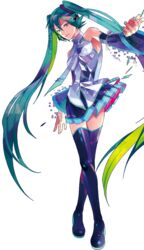  blue_eyes boots crossed_legs duplicate female green_hair hatsune_miku hatsune_miku_(vocaloid3) headphones headset highres long_hair multicolored_hair nail_polish necktie official_art outstretched_arm see-through simple_background skirt smile solo standing thigh_boots thighhighs twintails vocaloid white_background zain zettai_ryouiki 