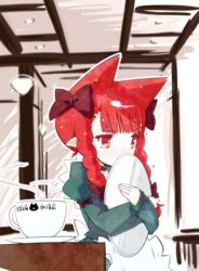  animal_ears animal_print apron blunt_bangs blurry blush braid cat_ears cat_print commentary covering_own_mouth cup depth_of_field extra_ears female hair_ribbon highres hugging_object kaenbyou_rin maid_apron pointy_ears red_eyes red_hair ribbon saucer solo steam tani_takeshi teacup tears touhou translated tray twin_braids waitress 