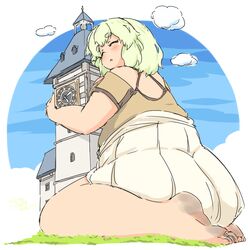  banned_artist barefoot blush clock clock_tower closed_eyes cloud day dirty_feet eyebrows fat giantess green_hair hug mikomu original outdoors plump short_hair short_sleeves sitting sky solo tower wariza 