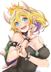  :d armlet artist_name bare_shoulders black_dress black_nails blonde_hair blue_eyes bowsette bracelet breasts brooch cleavage collar collarbone commentary crown dress earrings english_commentary fangs female fingernails hair_between_eyes highres horns jewelry large_breasts long_fingernails looking_at_viewer mario_(series) nail_polish new_super_mario_bros._u_deluxe open_mouth pointy_ears sharp_teeth simple_background smile solo spiked_armlet spiked_bracelet spiked_collar spiked_shell spikes strapless strapless_dress super_crown teeth turtle_shell upper_body white_background xhunzei 