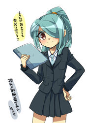  1boy aichi_shiho androgynous aqua_hair bad_id bad_pixiv_id blazer blush brown_eyes crossdressing hair_over_one_eye inazuma_eleven inazuma_eleven_(series) jacket kazemaru_ichirouta male_focus necktie otoko_no_ko ponytail simple_background skirt smile solo translation_request white_background 