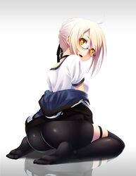  ahoge artoria_pendragon_(fate) ass bike_shorts black-framed_eyewear black_ribbon black_thighhighs blonde_hair braid breasts clothes_pull commentary_request fate/grand_order fate_(series) female french_braid from_behind full_body glasses gym_uniform hair_ribbon jacket jacket_pull koko_(koko3) looking_at_viewer looking_back medium_breasts mysterious_heroine_x_alter_(fate) mysterious_heroine_x_alter_(second_ascension)_(fate) no_shoes open_mouth photoshop_(medium) reflection reflective_floor ribbon semi-rimless_eyewear shirt short_sleeves sidelocks sitting soles solo thigh_strap thighhighs under-rim_eyewear wariza white_shirt yellow_eyes 