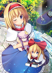  2girls alice_margatroid blonde_hair blue_dress book book_stack bookshelf capelet chair character_doll commentary_request dress hairband library lolita_hairband looking_at_viewer masa_(miyabitei) multiple_girls patchouli_knowledge purple_hair shanghai_doll sitting smile striped_clothes striped_dress touhou underwear water 