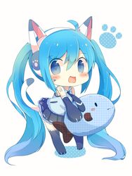  absurdly_long_hair animal_ear_headphones animal_ears blue_eyes blue_hair blush cat_ear_headphones cat_tail chibi commentary_request fake_animal_ears female fish hatsune_miku headphones highres long_hair looking_at_viewer necktie open_mouth simple_background skirt solo stuffed_animal stuffed_fish stuffed_toy tail thighhighs twintails ushiina very_long_hair vocaloid white_background 