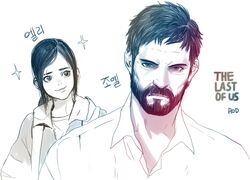  1boy animification artist_name bad_id bad_pixiv_id beard copyright_name ellie_(the_last_of_us) eyebrow_cut facial_hair female gradient joel_(the_last_of_us) looking_at_another looking_at_viewer lowres mature_male ponytail rod_(rod4817) short_hair the_last_of_us the_last_of_us_(series) translated upper_body 