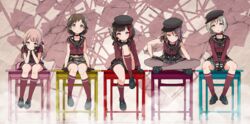  5girls afterglow_(bang_dream!) alternate_hairstyle aoba_moca aqua_eyes badge bang_dream! between_legs black_footwear black_gloves black_hat black_neckerchief black_skirt bob_cut brown_eyes brown_hair buttons chair choker commentary_request crossed_legs desk double-breasted earrings elbows_on_knees frown gloves grey_hair grey_legwear hair_ribbon hand_between_legs hand_on_own_knee hand_on_own_leg hat hazawa_tsugumi head_rest highres jewelry knee_up kneehighs leaning_forward long_hair long_sleeves looking_at_viewer lost_one_no_goukoku_(vocaloid) miniskirt mitake_ran multicolored_hair multiple_girls neckerchief on_desk pantyhose pink_hair plaid plaid_skirt purple_eyes red_hair red_legwear red_shirt ribbon school_chair school_desk school_uniform serafuku shipii_(jigglypuff) shirt shoes short_hair short_sleeves sitting skirt socks star_(symbol) star_print streaked_hair striped_choker udagawa_tomoe uehara_himari vocaloid 