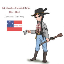  american_civil_war belt belt_buckle boots braid buckle commentary_request confederate_states_of_america cup ernest feathers female flag gingham gun hair_over_shoulder handgun hat highres holding holding_cup holding_gun holding_weapon holster jacket knife military native_american original photoshop_(medium) revolver shotgun solo twin_braids unmoving_pattern weapon 