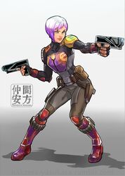  armor belt boots commentary_request commission dual_wielding energy_gun female fighting_stance fingerless_gloves gloves holding holster knee_boots lips mandalorian nakama_yasukata purple_hair ray_gun red_footwear sabine_wren science_fiction signature solo star_wars star_wars:_rebels tumblr_username weapon 