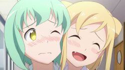  2girls animated animated blonde_hair blush cheek-to-cheek demi-chan_wa_kataritai double_bun green_hair hair_bun heads_together kusakabe_yuki_(demi-chan_wa_kataritai) looping_animation multiple_girls oerba_yun_fang one_eye_closed portrait rubbing short_hair takanashi_hikari yellow_eyes 