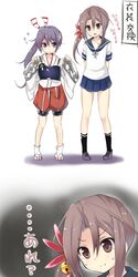  2girls :d akebono_(kancolle) akebono_(kancolle)_(cosplay) alternate_hairstyle amano_kouki bell brown_eyes brown_hair commentary_request cosplay costume_switch flower hair_bell hair_flower hair_ornament headband highres japanese_clothes jingle_bell kantai_collection kneehighs long_hair multiple_girls muneate open_mouth purple_eyes purple_hair school_uniform serafuku shoes side_ponytail smile socks sweatdrop translated zuihou_(kancolle) zuihou_(kancolle)_(cosplay) 