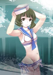  akizuki_ryo antenna_hair bikini blue_neckerchief blue_sailor_collar breasts brown_eyes brown_hair commentary_request cowboy_shot female fukui_sora genderswap_(mtf) hat idolmaster idolmaster_dearly_stars looking_at_viewer neckerchief rule_63 sailor_bikini sailor_collar sailor_hat sailor_swimsuit_(idolmaster) short_hair small_breasts solo swimsuit white_bikini 