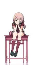  alternate_hairstyle bang_dream! black_footwear black_gloves black_neckerchief buttons chair commentary_request desk double-breasted elbows_on_knees female frown gloves green_eyes half_updo head_rest kneehighs long_hair looking_at_viewer lost_one_no_goukoku_(vocaloid) miniskirt neckerchief on_desk pink_hair red_shirt red_socks school_chair school_desk school_uniform serafuku shipii_(jigglypuff) shirt shoes short_sleeves simple_background sitting skirt socks solo uehara_himari white_background 