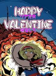  alice_margatroid blonde_hair blue_eyes capelet commentary_request crazy_eyes explosion female hairband happy_valentine highres photoshop_(medium) sash short_hair solo tani_takeshi touhou valentine 