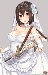  arm_warmers artist_name assault_rifle breasts bridal_veil bride brown_eyes cleavage commentary_request copyright_name dress female flower gun gun_sling hair_flower hair_ornament highres hiiragi_hazime howa_type_89 ichigaya_ai jewelry large_breasts official_art open_mouth rick_g_earth rifle ring rose short_hair skirt_hold smile solo tiara veil watermark weapon wedding_dress wedding_ring white_dress white_flower white_rose 