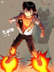  1boy android atom_(pluto) bad_id bad_pixiv_id battle flying jacket lolicon male_focus pluto_(manga) rocket_boots rocket_shoes rod_(rod4817) science_fiction serious shirt signature solo thrusters torn_clothes torn_shirt zoom_layer 