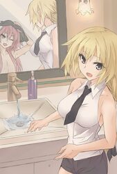  1boy astolfo_(fate) bad_id bad_pixiv_id blonde_hair casual colorized fate/apocrypha fate_(series) female highres jeanne_d&#039;arc_(fate) jeanne_d&#039;arc_(girl_from_orleans)_(fate) konoe_ototsugu long_hair mirror necktie novel_illustration official_art open_mouth otoko_no_ko pink_hair polaris55740 reflection shorts sink smile third-party_edit wet 