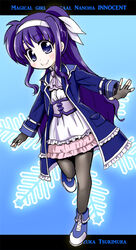  black_pantyhose character_name coat commentary_request copyright_name dress female fingerless_gloves frills gloves hair_ribbon hairband kuromitu_(kageneko) long_hair lyrical_nanoha magical_girl mahou_shoujo_lyrical_nanoha_innocent pantyhose ponytail purple_eyes purple_hair ribbon shoes smile solo tsukimura_suzuka very_long_hair 