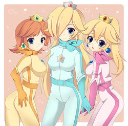  3girls ass belt biker_clothes biker_daisy biker_peach biker_rosalina bikesuit blonde_hair blue_eyes bodysuit breasts brown_hair commentary crown earrings gloves hair_over_one_eye highres jewelry large_breasts long_hair mario_(series) mario_kart mario_kart_wii multiple_girls official_alternate_costume open_mouth pink_bodysuit ponytail princess_daisy princess_peach racing_suit rosalina scarf short_hair skin_tight smile super_mario_galaxy yukatan 