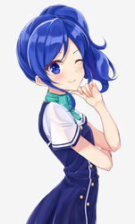  ;) aikatsu! aikatsu!_(series) bad_id bad_pixiv_id blue_dress blue_eyes blue_hair blush bow closed_mouth commentary dress female fingernails forehead green_bow grey_background hand_up head_tilt highres kiriya_aoi long_hair looking_at_viewer looking_to_the_side one_eye_closed rurukuru shirt short_sleeves side_ponytail sidelocks simple_background sleeveless sleeveless_dress smile solo symbol-only_commentary white_shirt 