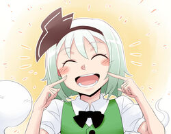  :d black_hairband blush commentary_request female green_hair hairband konpaku_youmu konpaku_youmu_(ghost) open_mouth pointing pointing_at_self short_hair smile solo touhou yoekosukii 