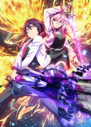  1boy absurdres amagiri_ayato black_dress black_hair black_legwear blue_eyes dress female gakusen_toshi_asterisk highres holding holding_sword holding_weapon julis-alexia_von_riessfeld kawakami_tetsuya key_visual long_hair looking_at_viewer magic official_art pink_hair promotional_art purple_eyes sword thighhighs weapon 