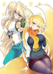  2girls animal_ears big_hair black_legwear blonde_hair breasts casual collaboration commentary_request contemporary fox_ears fox_tail green_eyes kodama_yuu kyoukaisenjou_no_horizon large_breasts long_hair mogami_yoshiaki_(horizon) multiple_girls pantyhose photoshop_(medium) scarf tail tsurugi_yasuyuki turenne very_long_hair yellow_eyes 