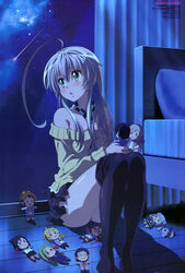  :o absurdres ahoge bed bed_sheet blush character_doll chibi crease cthugha_(nyaruko-san) everyone female ghutatan_(nyaruko-san) green_eyes grey_hair haiyore!_nyaruko-san hastur_(nyaruko-san) heart highres huge_ahoge indoors knees_up kurei_tamao legs long_hair long_legs looking_to_the_side newtype night night_sky nyarlathotep_(nyaruko-san) official_art oomori_mami open_mouth pillow room scan shantak_(nyaruko-san) shooting_star sidelocks sitting sky star_(sky) starry_sky yasaka_mahiro yasaka_yoriko yoichi_takehiko 