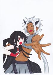  1boy akame akame_ga_kill! black_hair crop_top dark_skin female hand_on_back long_hair one_eye_open open_hand open_mouth red_eyes scar smile syura_(akame_ga_kill!) tagme tie tsubakirinka white_hair yellow_eyes 