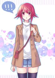  black_thighhighs chaos;child coat commentary_request female frown highres nishijou_myu onoe_serika pink_eyes pink_hair short_hair_with_long_locks sidelocks solo thighhighs zettai_ryouiki 