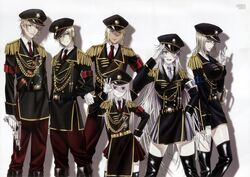  3boys 3girls absurdres awashima_seri black_footwear blonde_hair boots cigarette dark_skin earrings gloves gun hand_on_own_hip hat heterochromia highres jewelry k-project kamamoto_rikio knee_boots kusanagi_izumo kushina_anna long_hair military military_uniform multiple_boys multiple_girls neko_(k-project) photoshop_(medium) pink_hair smoking thighhighs totsuka_tatara uniform weapon white_gloves 