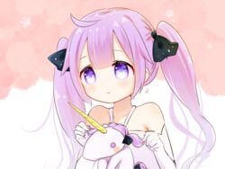  ahoge alternate_hairstyle azur_lane bad_id bad_pixiv_id bare_shoulders black_ribbon blush closed_mouth collarbone commentary_request dress eighth_note elbow_gloves female gloves hair_between_eyes halterneck holding kuma_no_yume long_hair musical_note purple_eyes purple_hair ribbon smile solo stuffed_animal stuffed_toy stuffed_unicorn twintails twintails_day unicorn_(azur_lane) white_dress white_gloves 