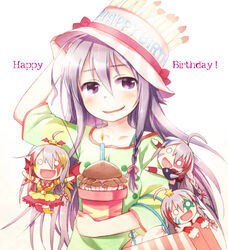  ahoge blush braid collarbone commentary_request demon_wings doll female grey_hair happy_birthday hat heart hoshi_syoko idolmaster idolmaster_cinderella_girls long_hair mushroom open_mouth pot purple_eyes side_braid single_braid star_(symbol) udon_(memai_no_kabe) very_long_hair wings 