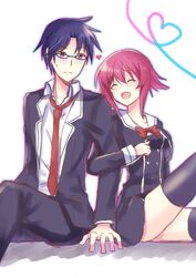  1boy :d ^_^ arm_hug black_legwear blush bow bowtie chaos;child closed_eyes commentary_request couple female heart heart_of_string highres looking_at_another miyashiro_takuru necktie nishijou_myu onoe_serika open_mouth pink_hair red_bow red_bowtie red_eyes red_necktie school_uniform short_hair_with_long_locks sidelocks smile straight thighhighs zettai_ryouiki 